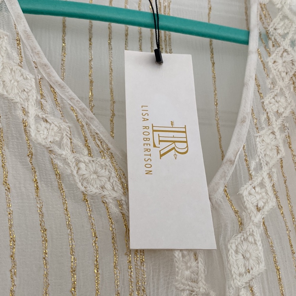 NWT Lisa Robertson Sheer White Boho Style MAXI Dress Size L w/gold threading - Picture 6 of 10